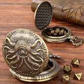 Evil Eye Cthulhu Metal Pocket Watch Dice Set – Antique Bronze & Silver Alloy RPG Dice with Vintage Case